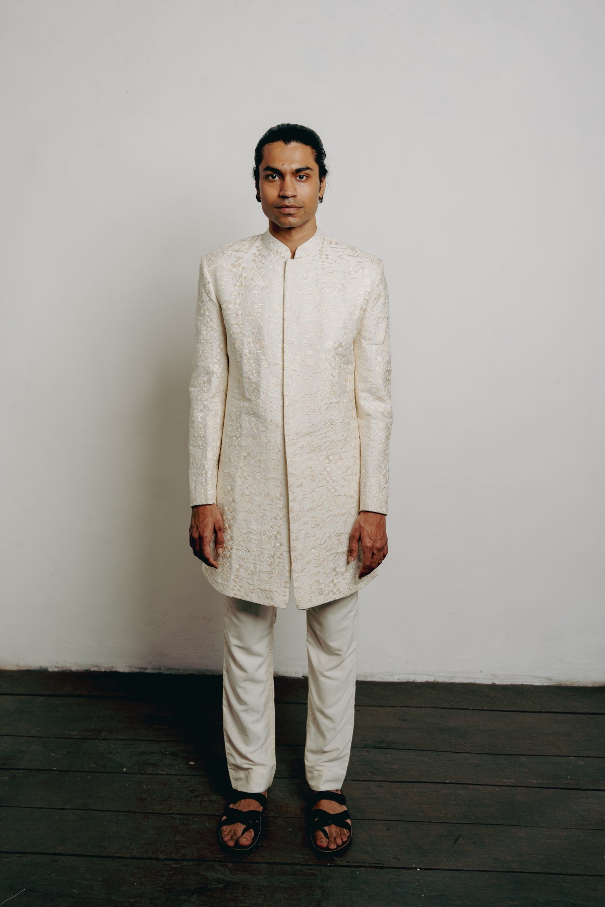 Cream All Over Embroidered Sherwani Set