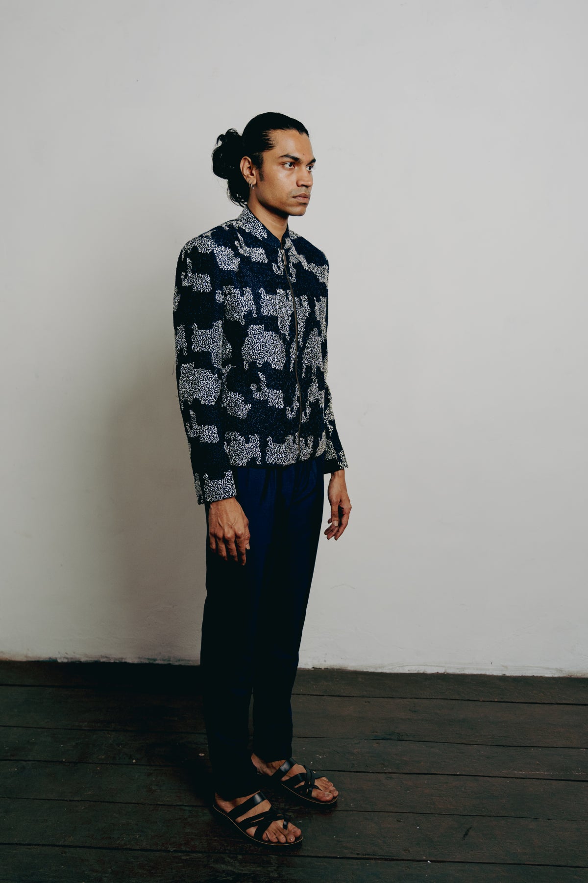 Navy Blue Cotton Viscose Embroidered Indowestern Set