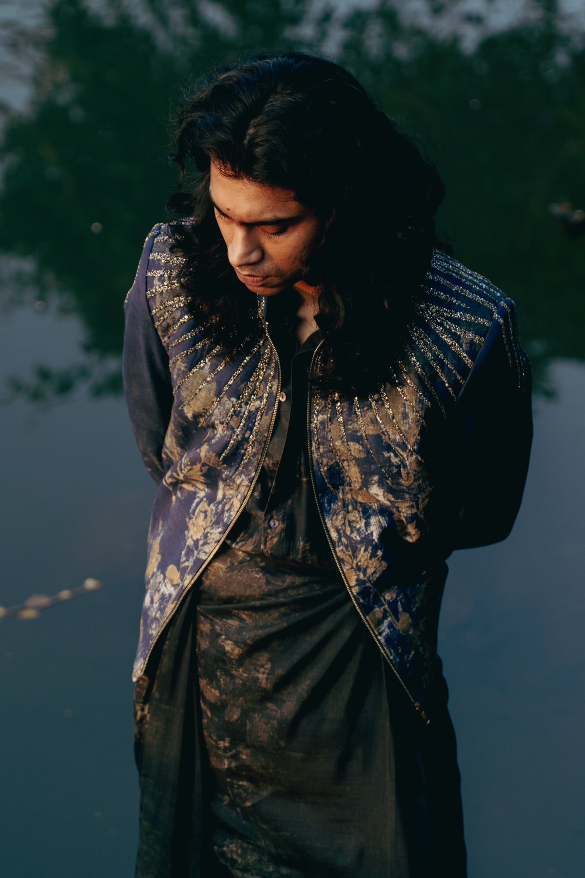 Navy Printed &  Embroidered Bomber Jacket