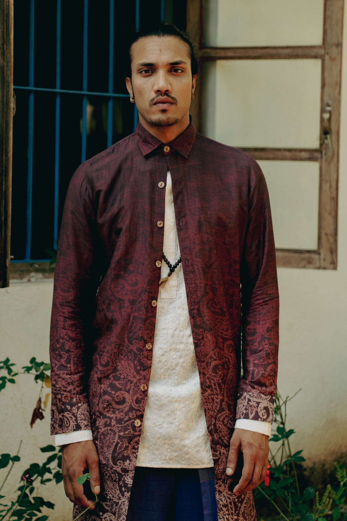 Maroon Paisley Printed Open Short Kurta Set