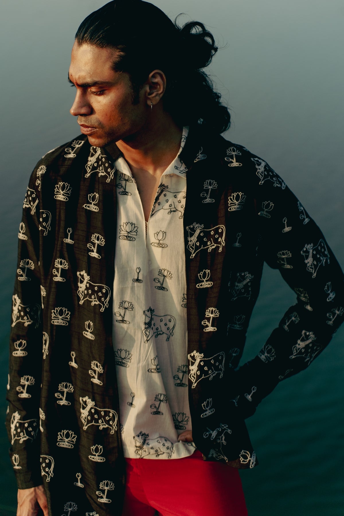 Black All Over Lotus-Cow Embroidered Open Short Kurta