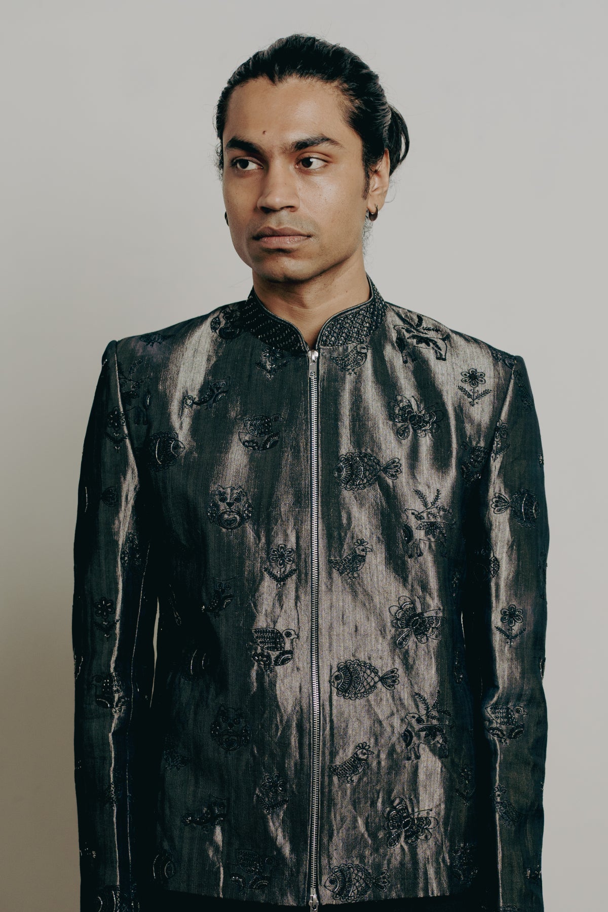 Silver Metal Tissue Embroidered Bomber Jacket
