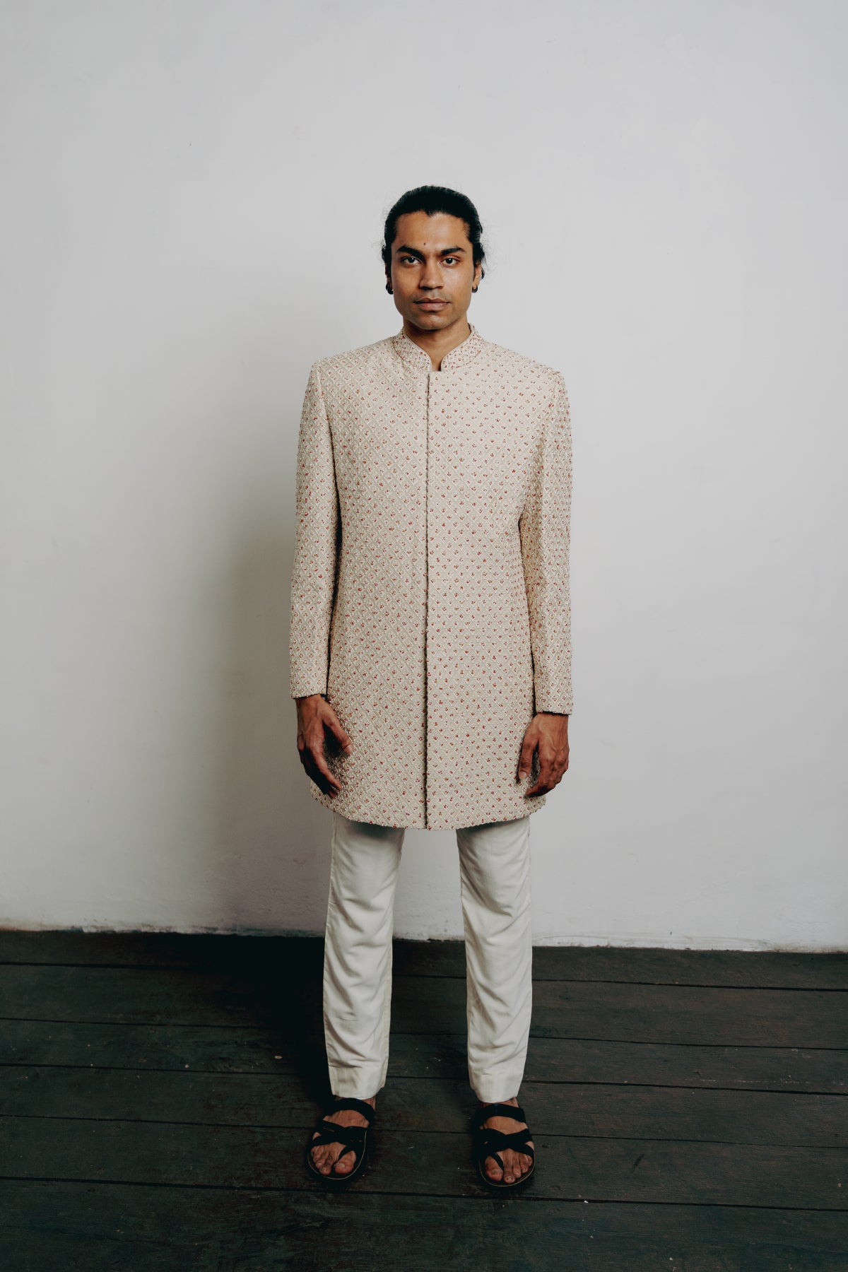 Beige Cotton Viscose Embroidered Sherwani Set