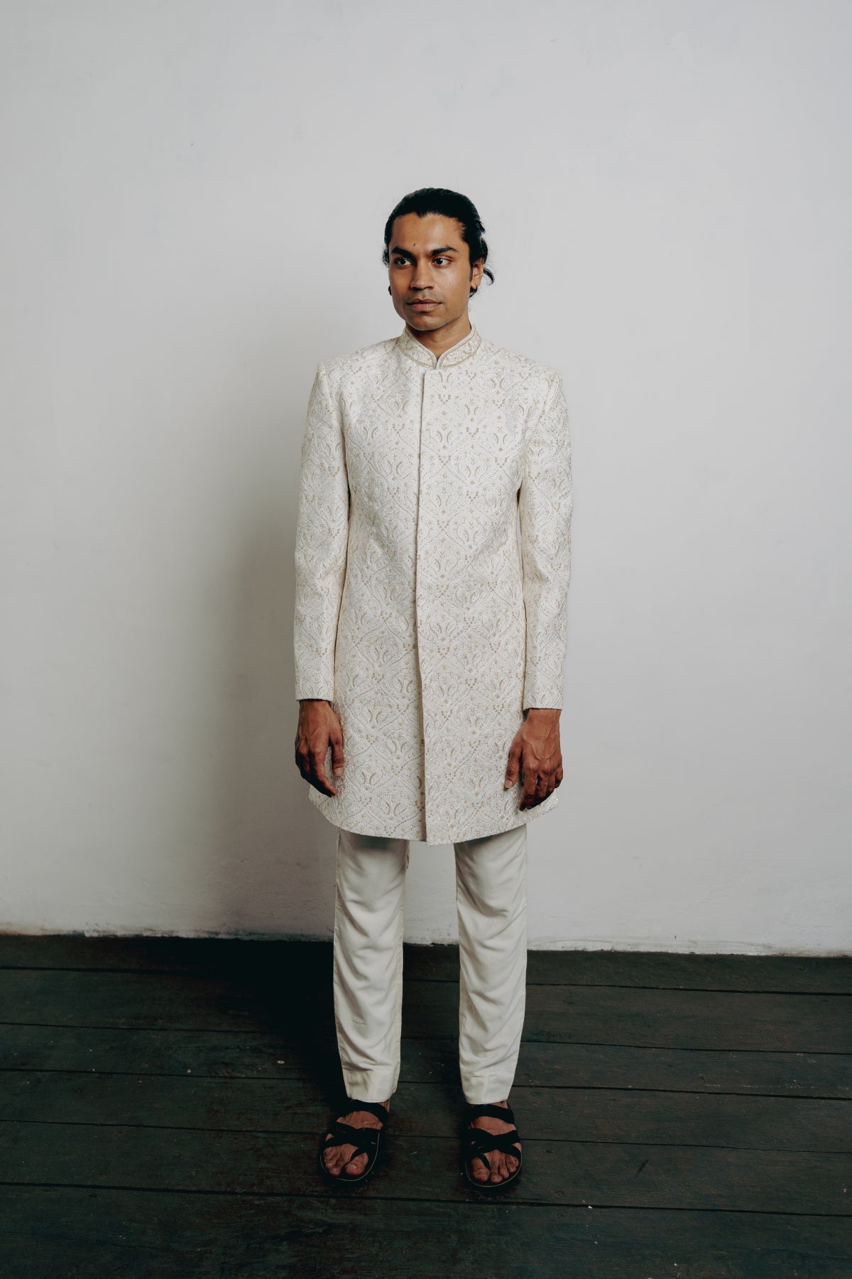 White Cotton Viscose Hand Embroidered Sherwani Set