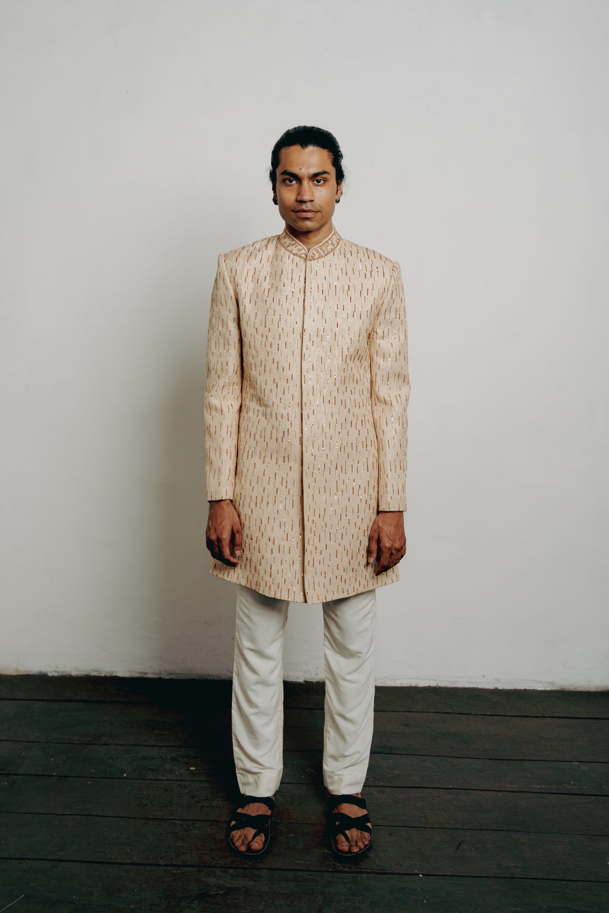 Beige Cotton Viscose Hand Embroidered Sherwani Set