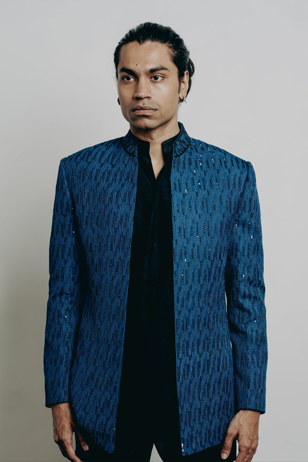 Blue All Over Texture Embroidered Open Jacket