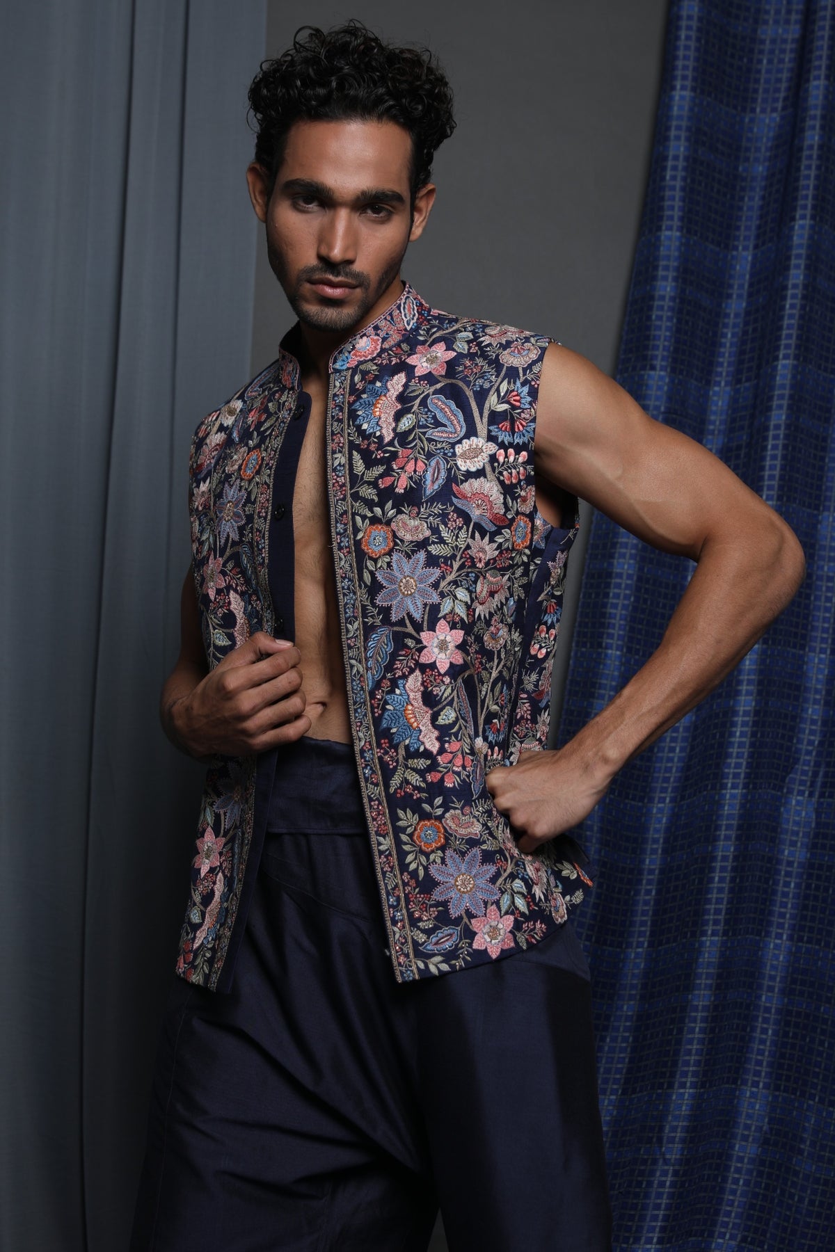 Navy Embroidered Bundi
