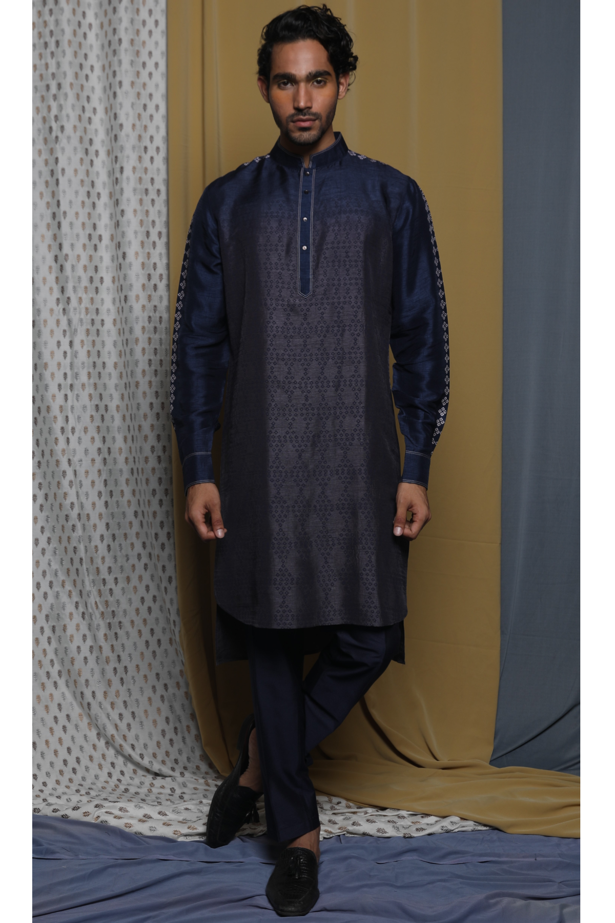 Grey Tussar Printed & Embroidered Kurta