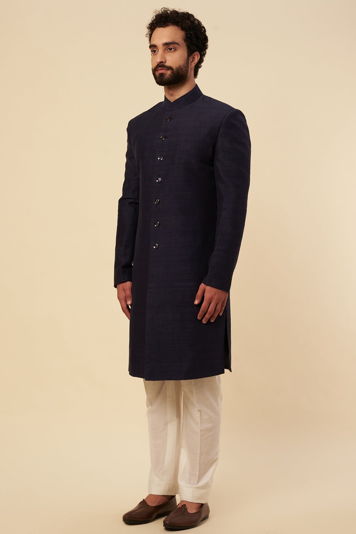 Navy Blue Raw Silk Zardosi Embroidered Sherwani Set