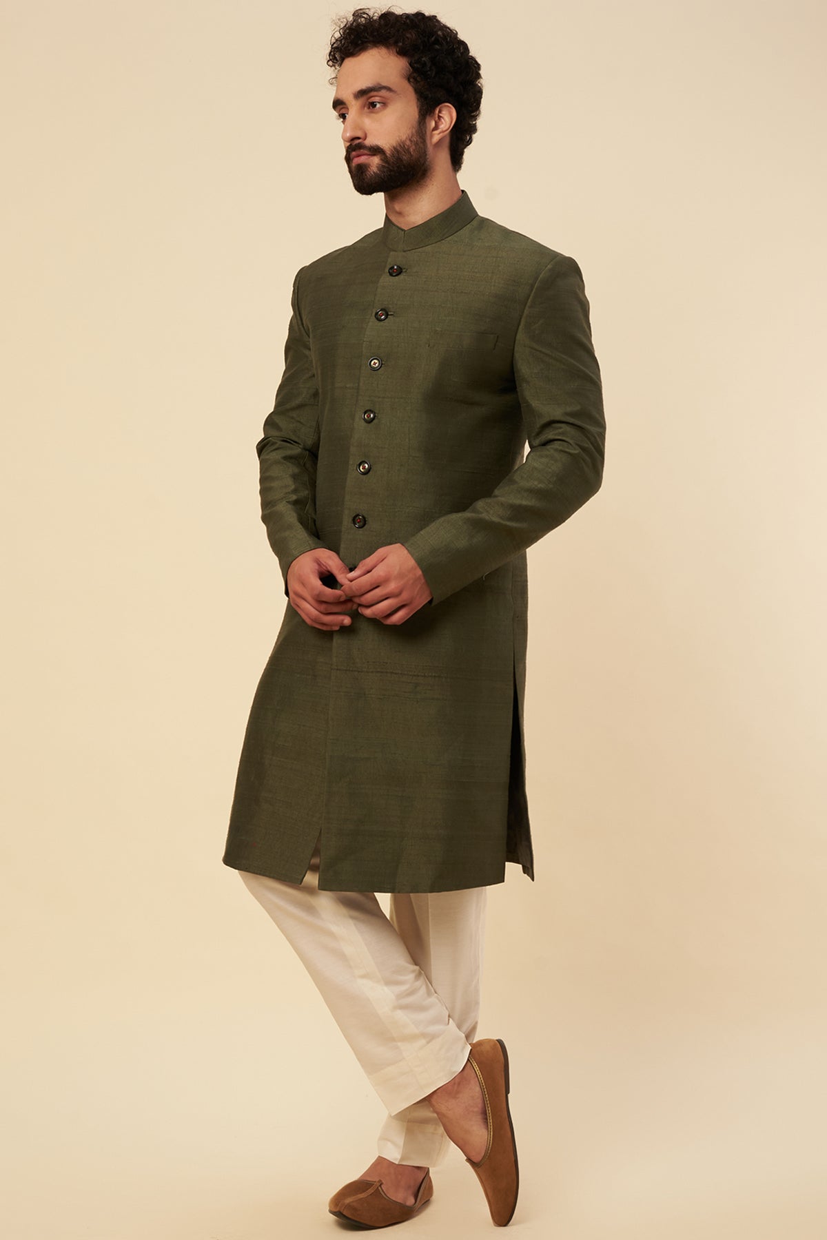 Olive Green Raw Silk Zardosi Embroidered Sherwani Set