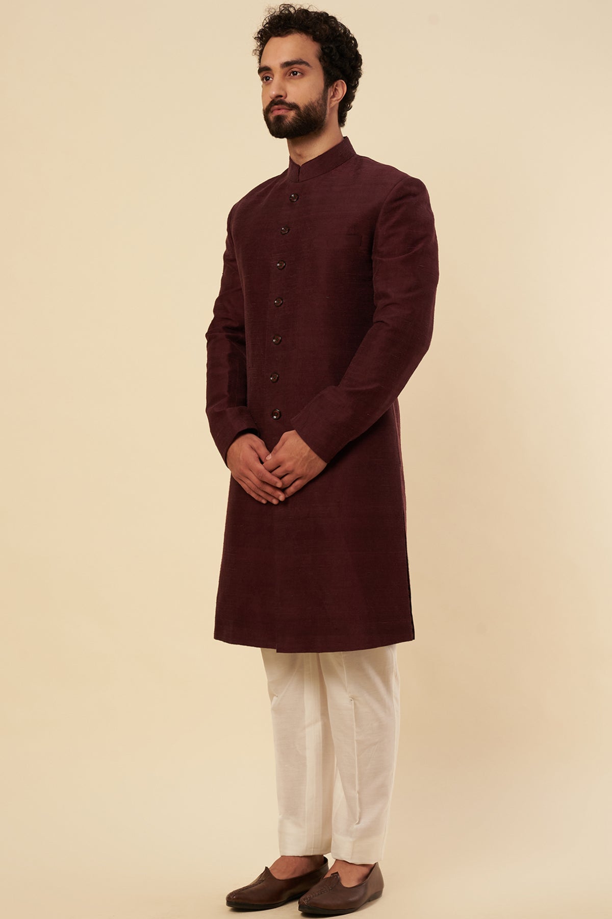Wine Ombre Silk Zardosi Embroidered Sherwani Set