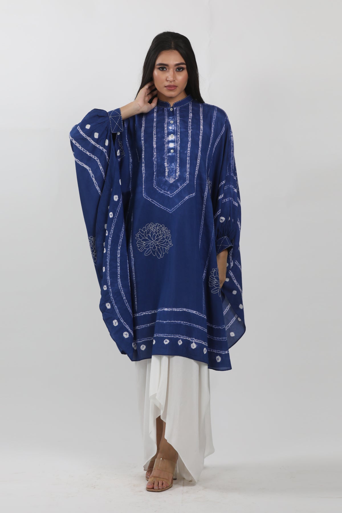 Indigo Modal Tie-Dye & Floral Embroidered Kaftan