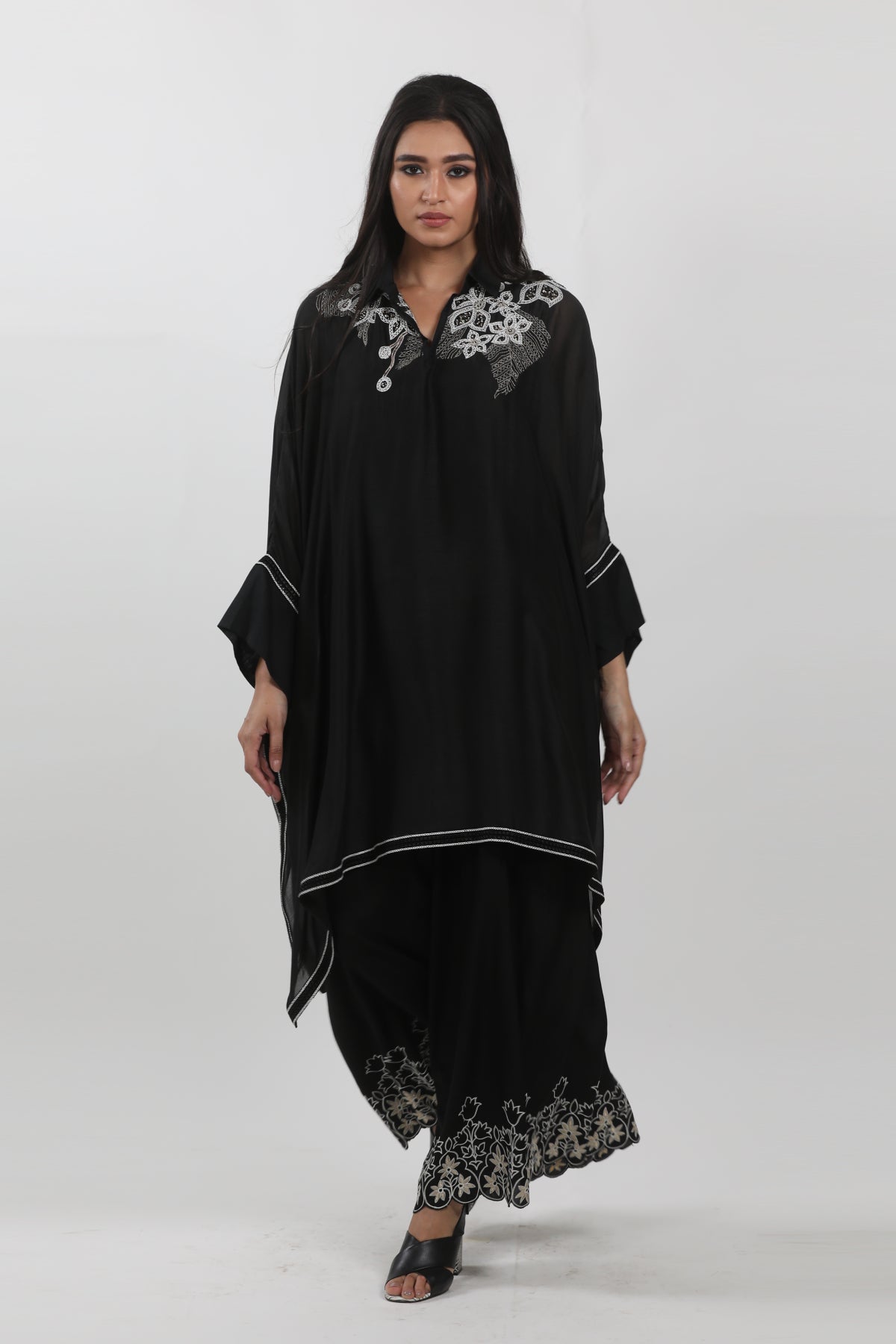 Black Cape Tunic with hand embroiderey around collar & black lace trim details