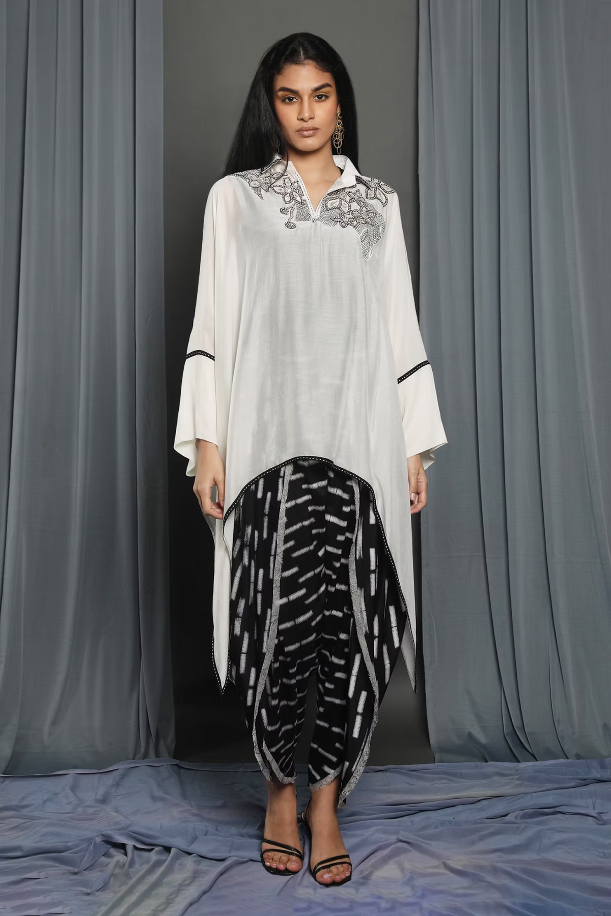 Black Chanderi Lace Hand Embroidered Cape Tunic