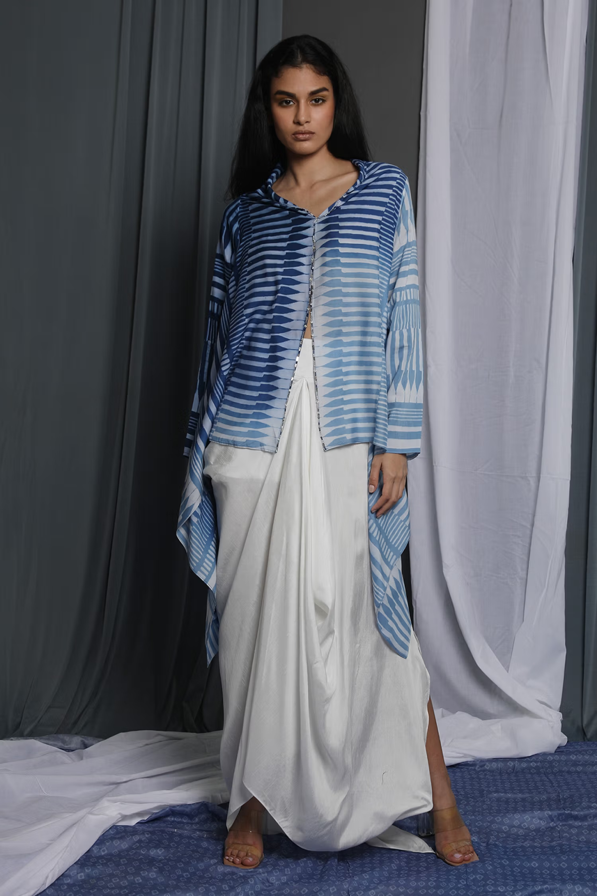 Blue Chanderi Block Printed Jacket