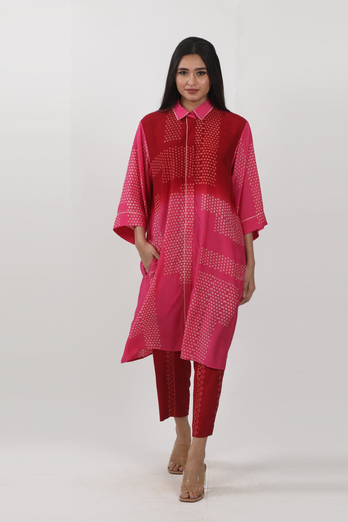 Red & Pink Shaded Modal Block Printed Tunic Set