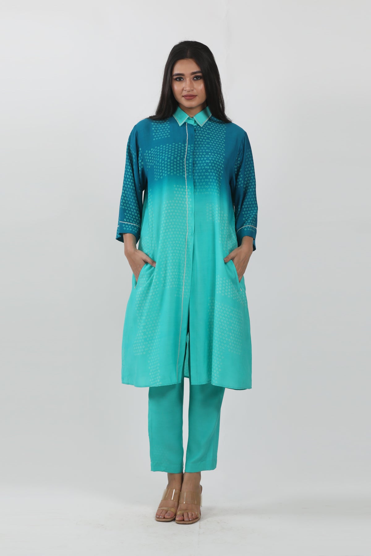 Turquoise-Shaded Modal Block Printed Tunic Set