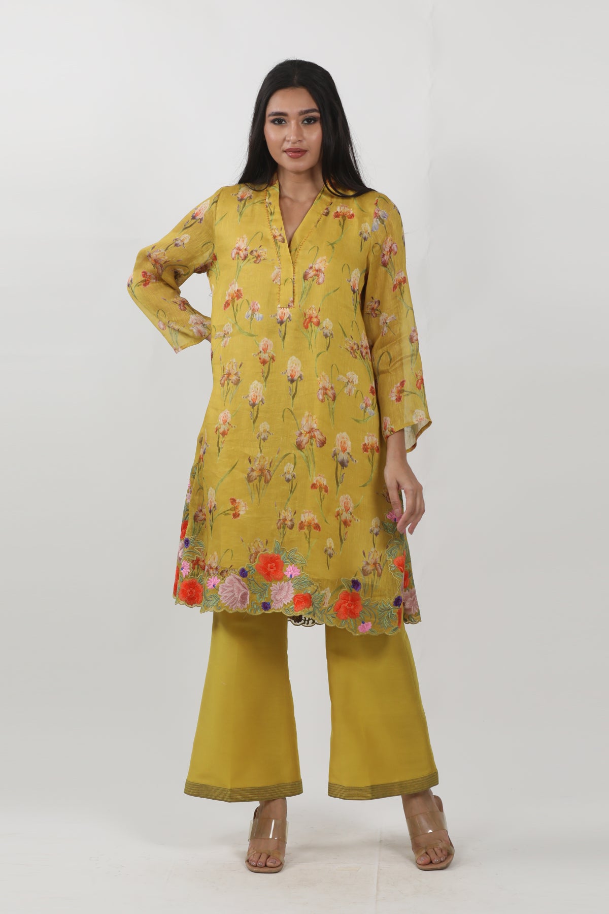 Mustard Floral Printed Embroidered Tunic Set