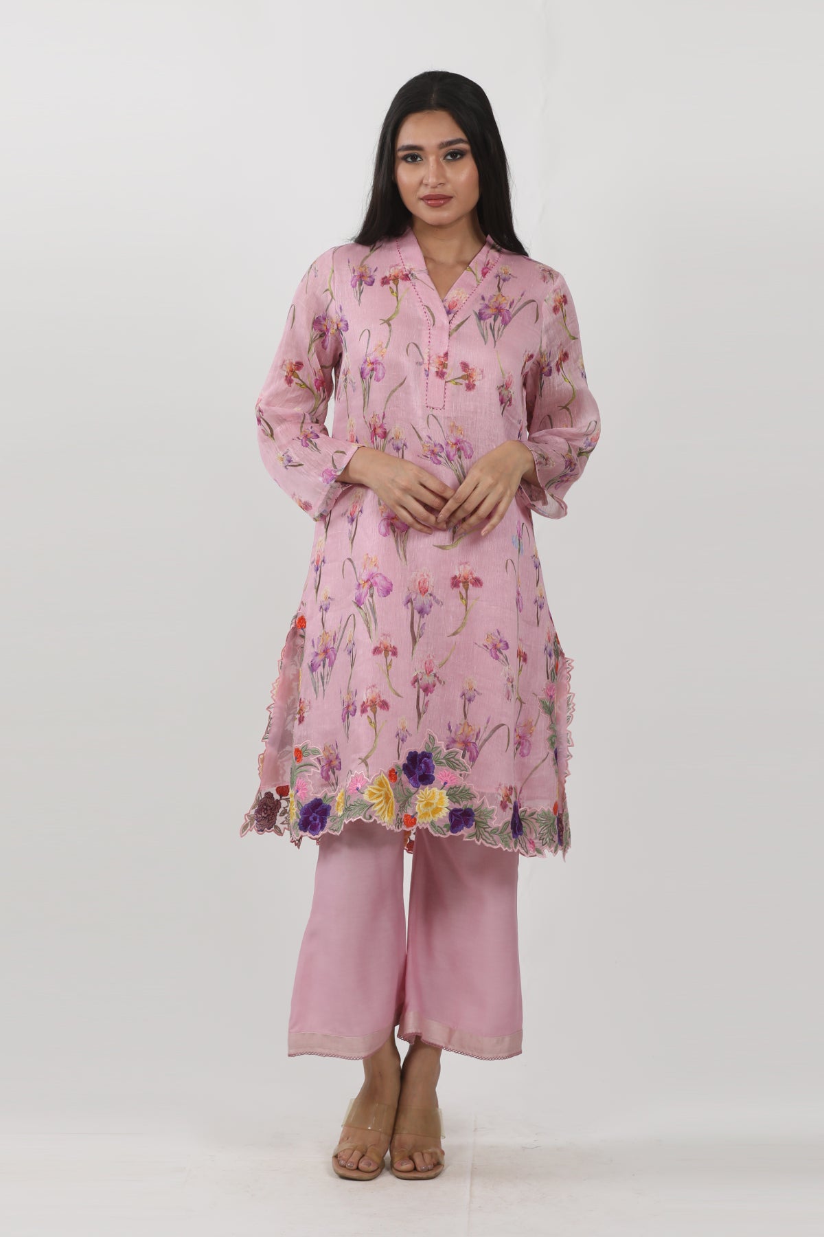 Pink Floral printed Embroidered Tunic Set