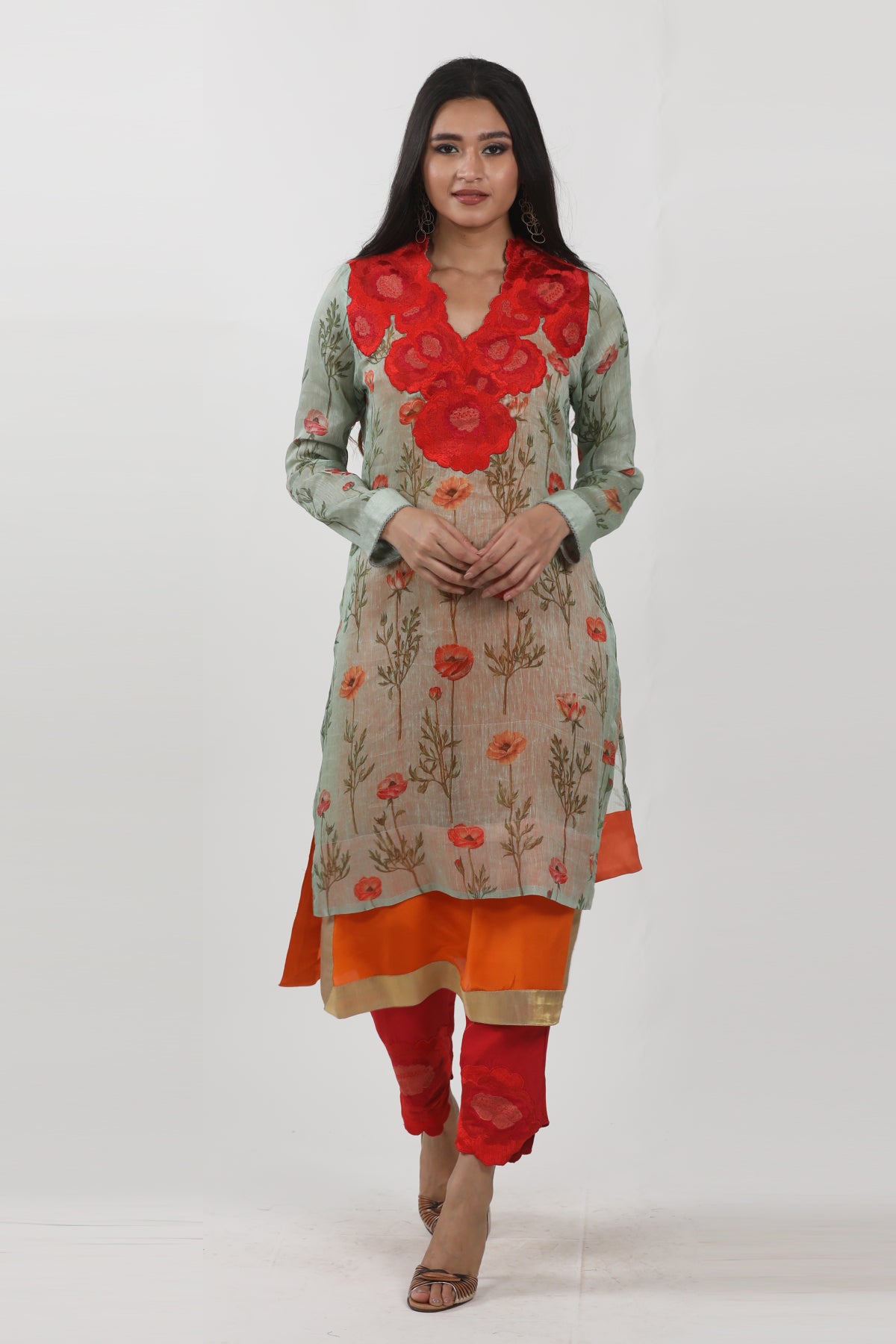 Green Floral Printed Embroidered Tunic Set