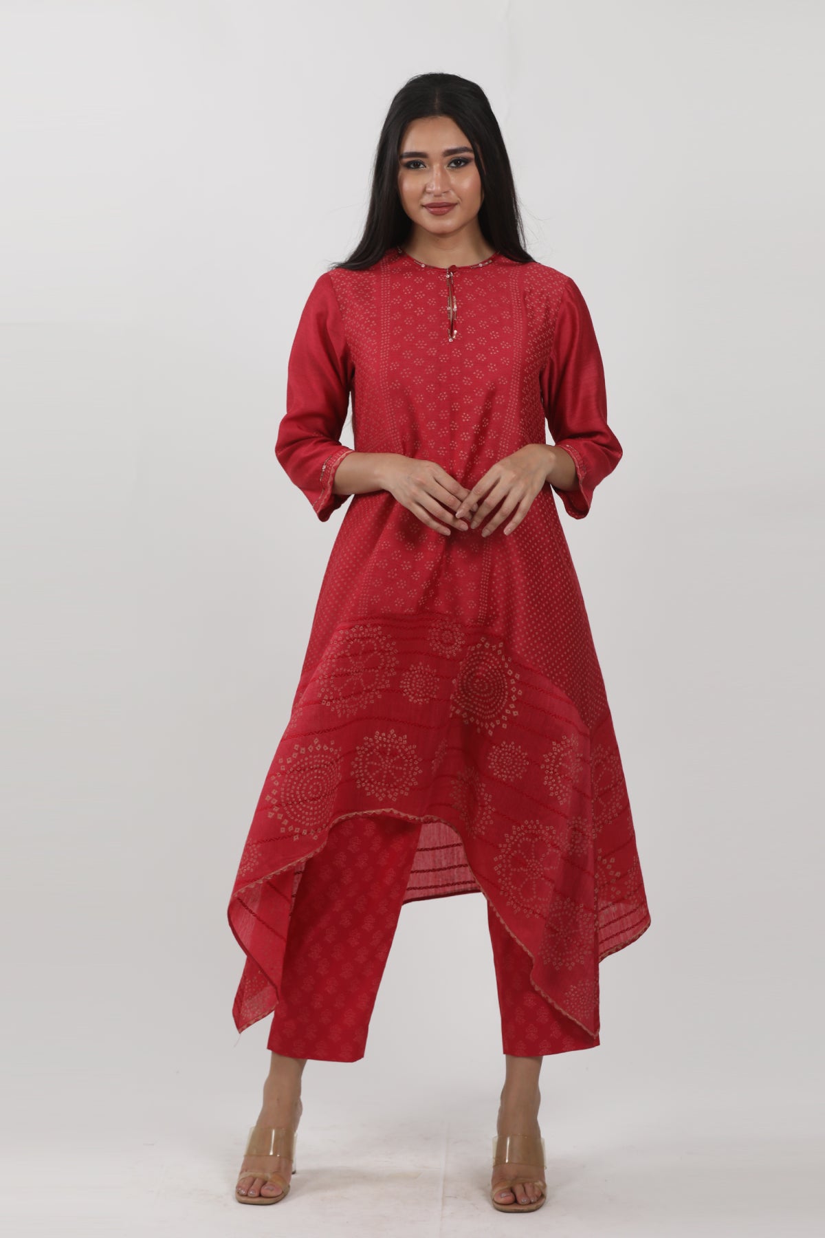 Red Block Printed & Hand Embroidered Asymmetrical Tunic