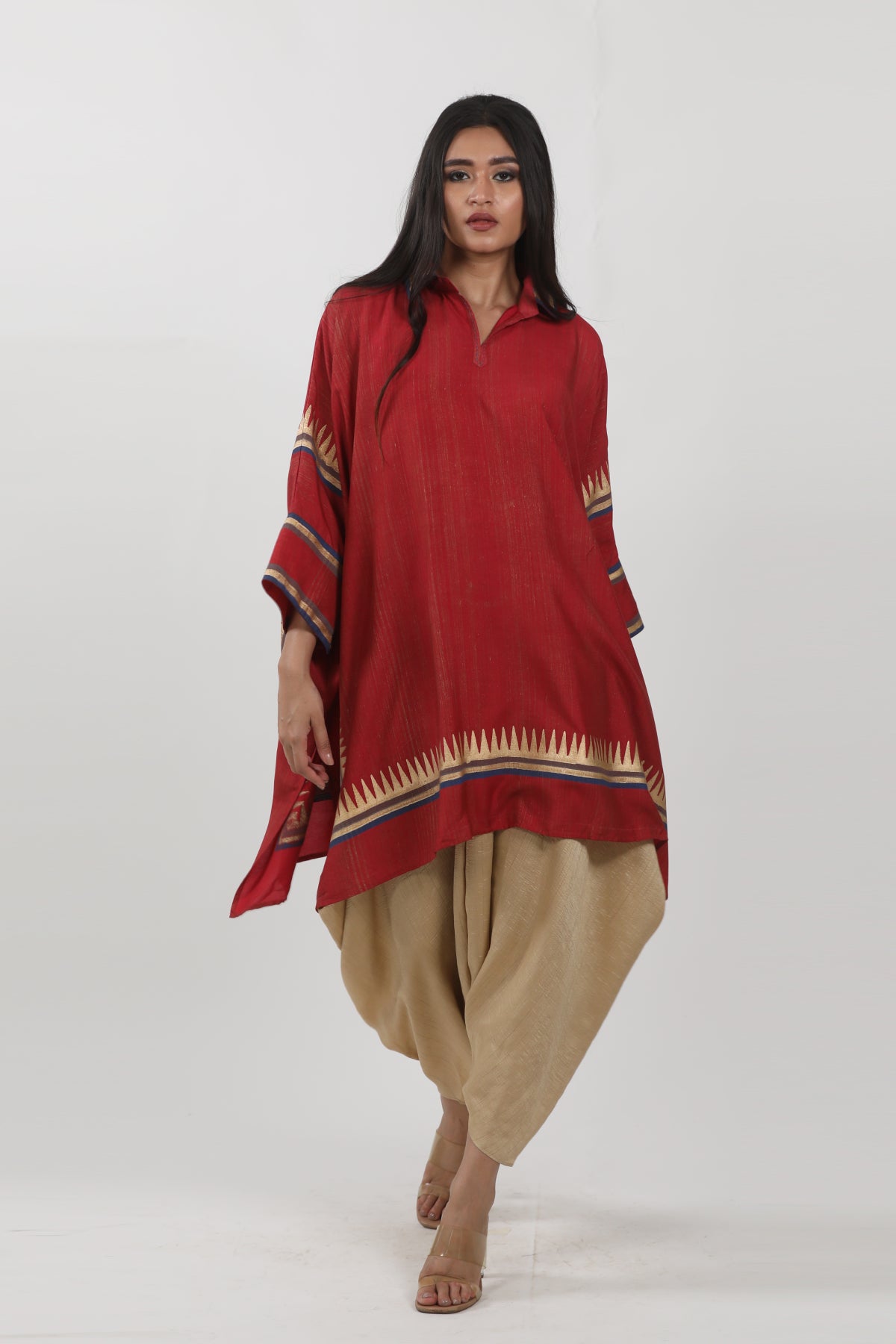 Red Block Printed Cape Tunic
