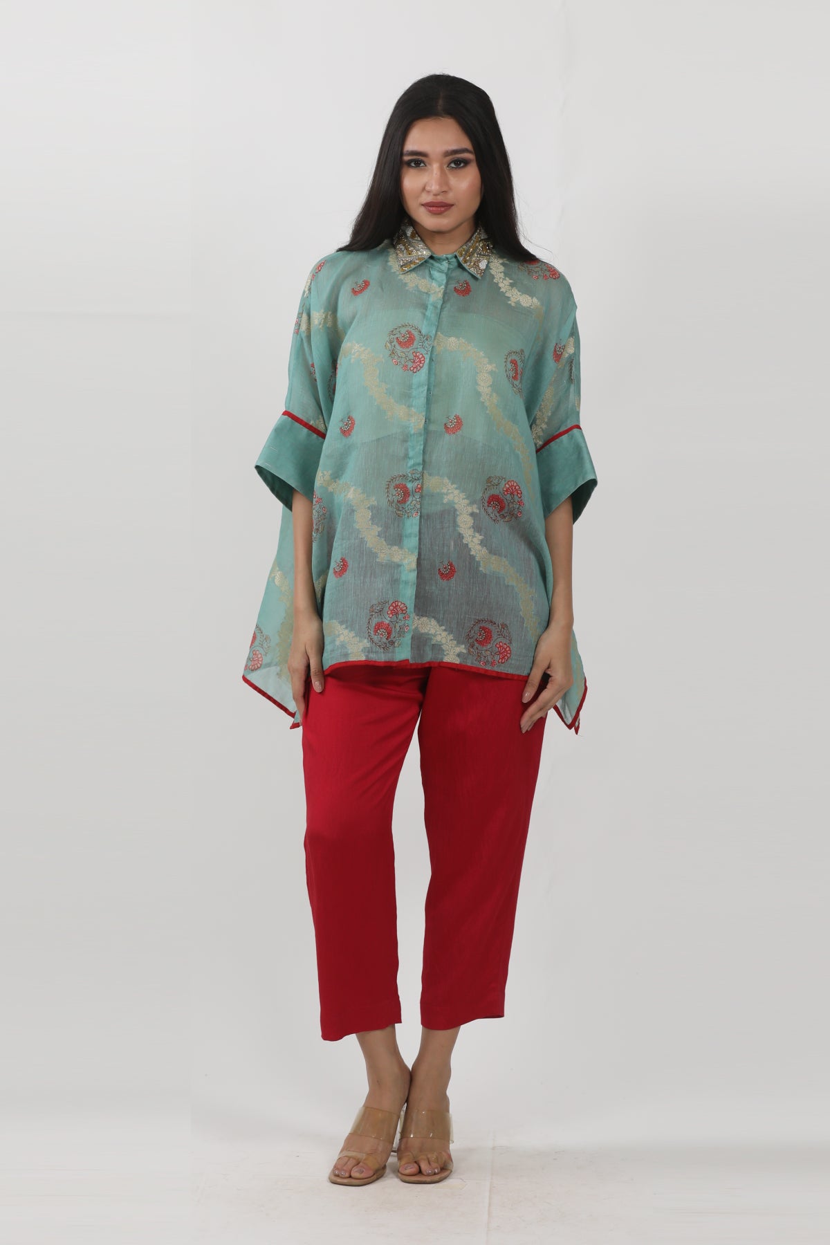 Blue Floral Printed Cape Tunic Set
