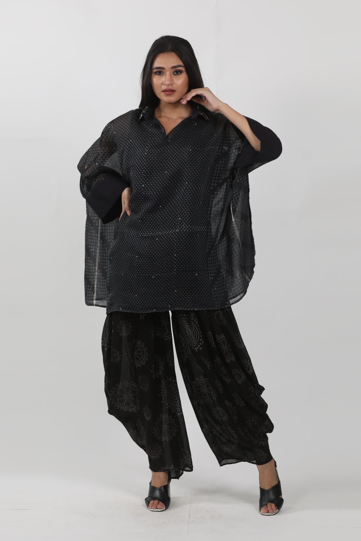 Black Block Printed Short Kaftan