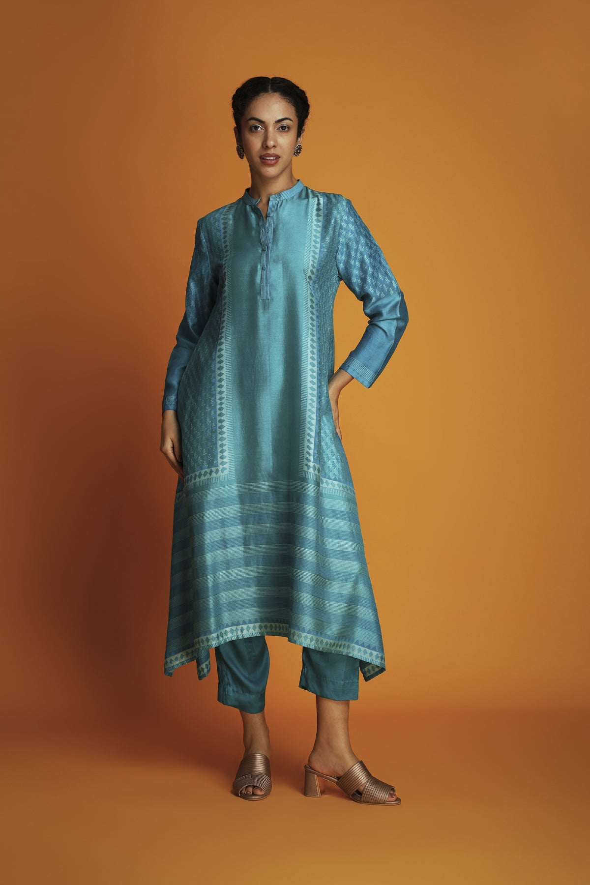 Turquoise Modal Hand-Block Printed Asymmetric Tunic Set