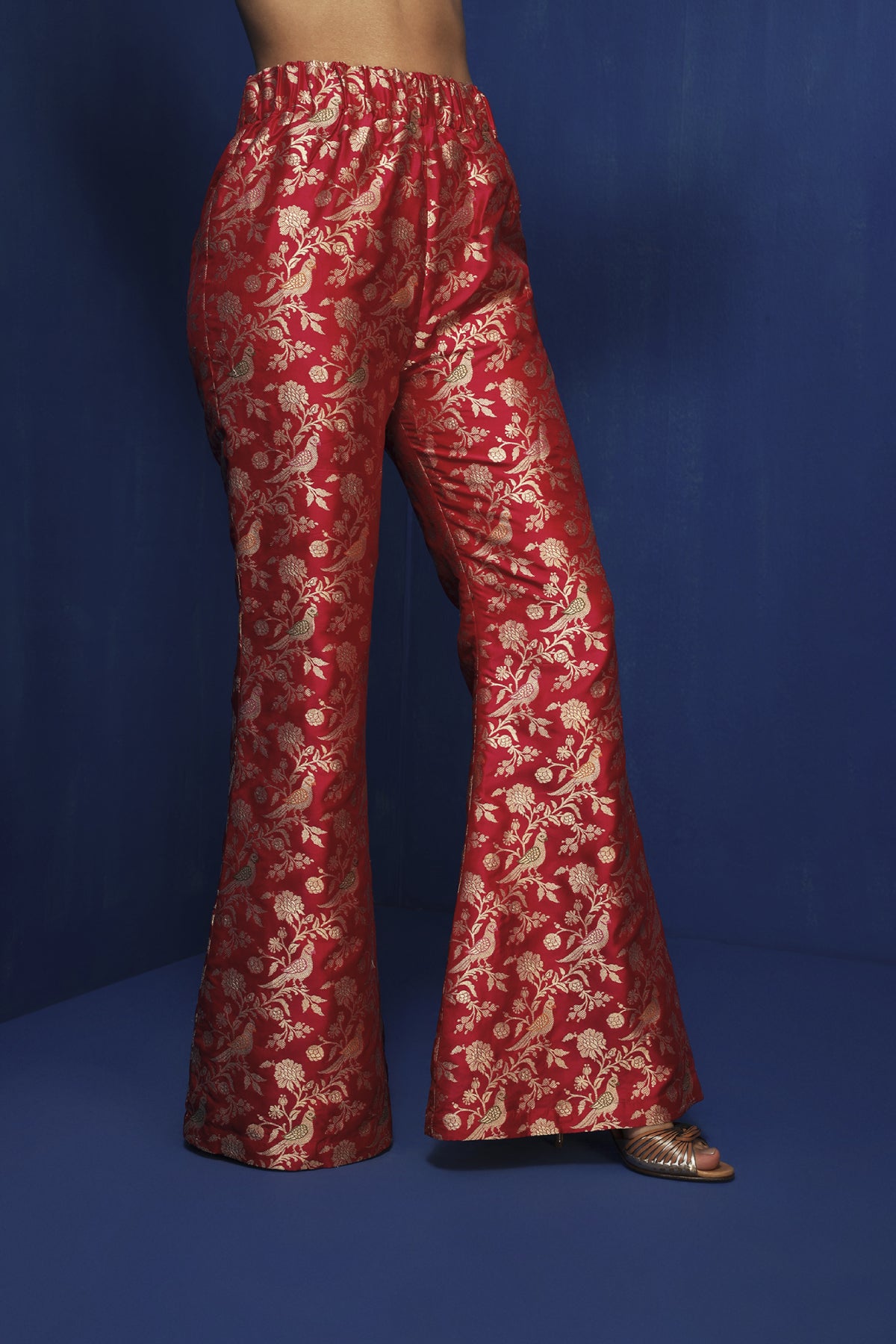 Fuchsia silk brocade bell bottom pants