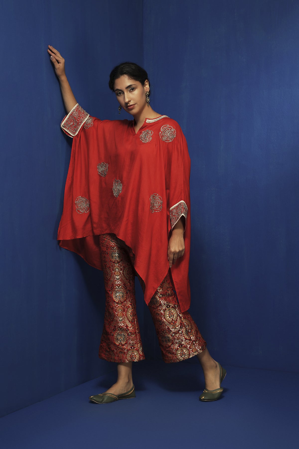 Red Chanderi Zardosi Embroidered Kaftan Tunic