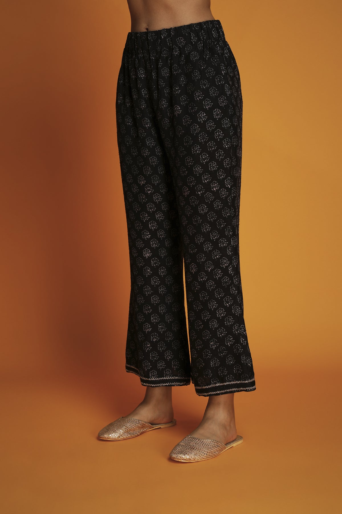 Black hand block printed pants