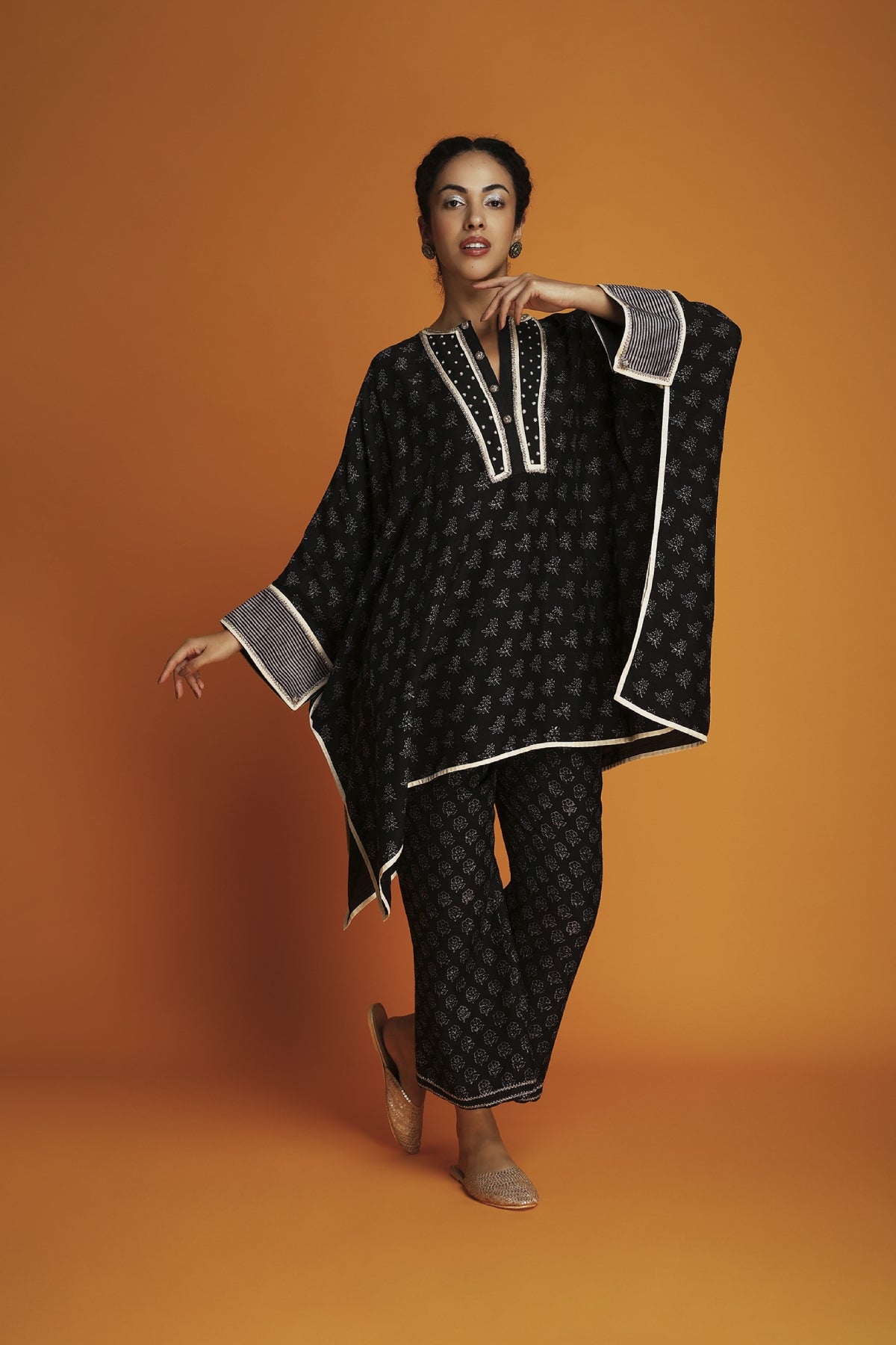 Black Tissue Block Printed & Zardosi Embroidered Kaftan