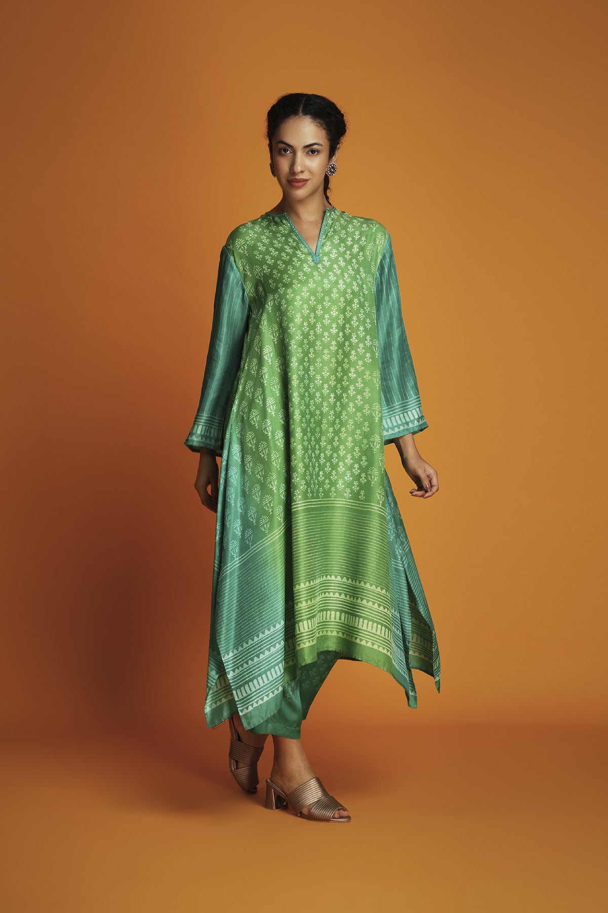 Green ombre block printed tunic set