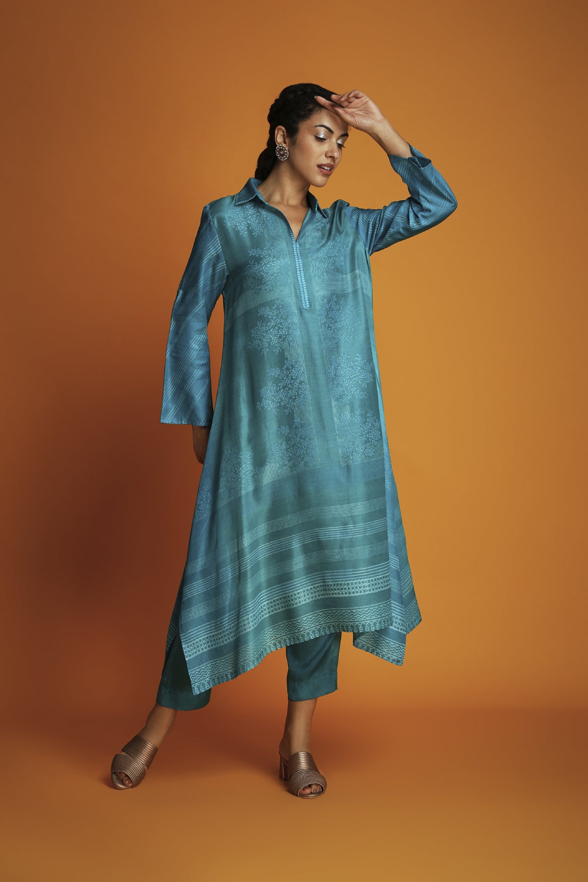 Turquoise Chanderi Block-Printed Ombre Tunic Set