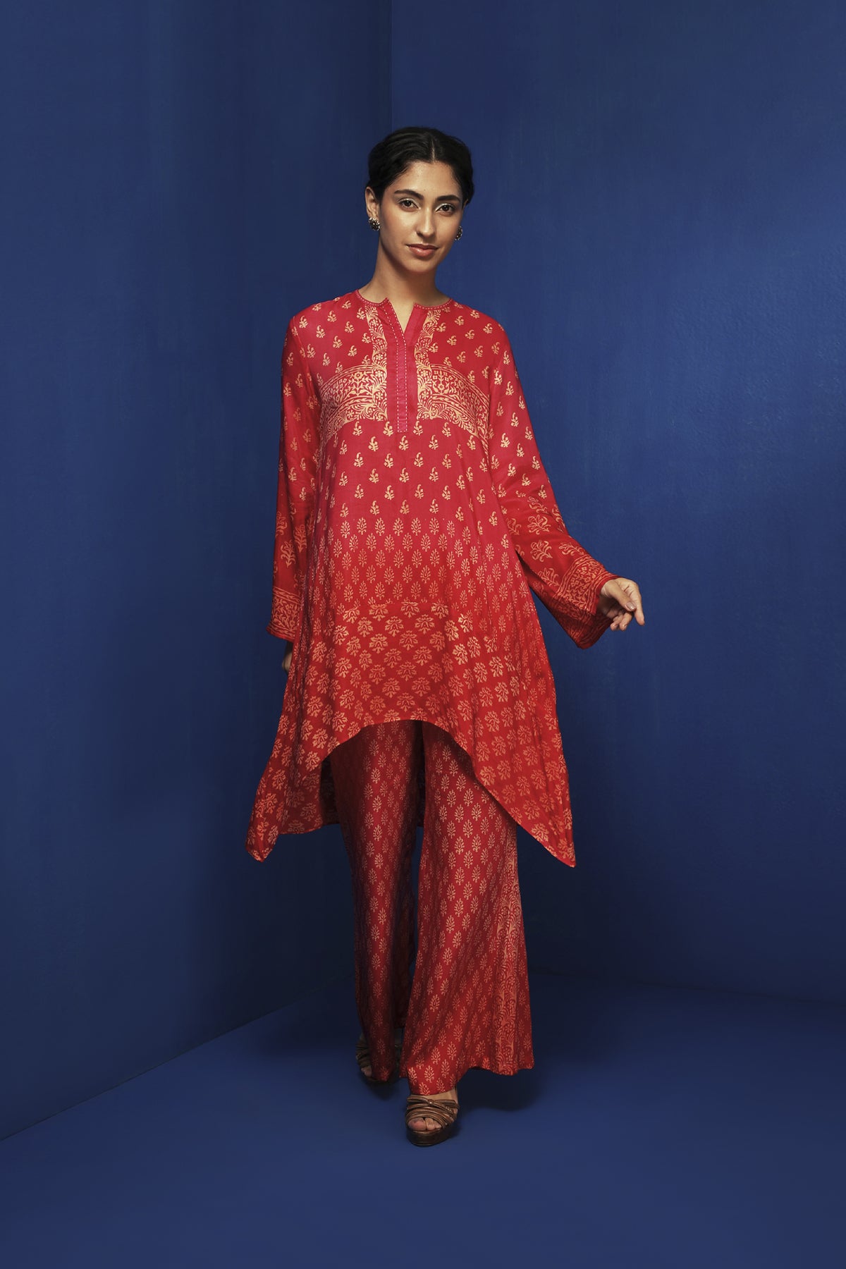 Red Modal Block Printed Ombre Asymmetric Tunic Set