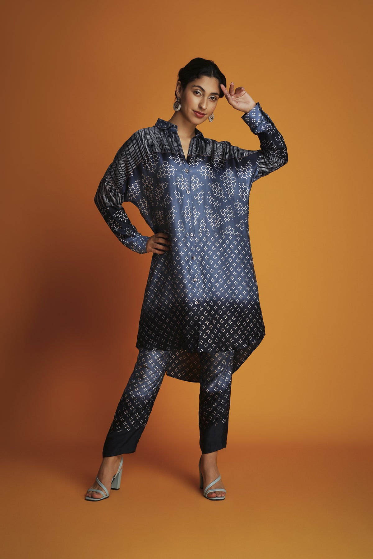 Indigo ombre block printed shirt tunic set