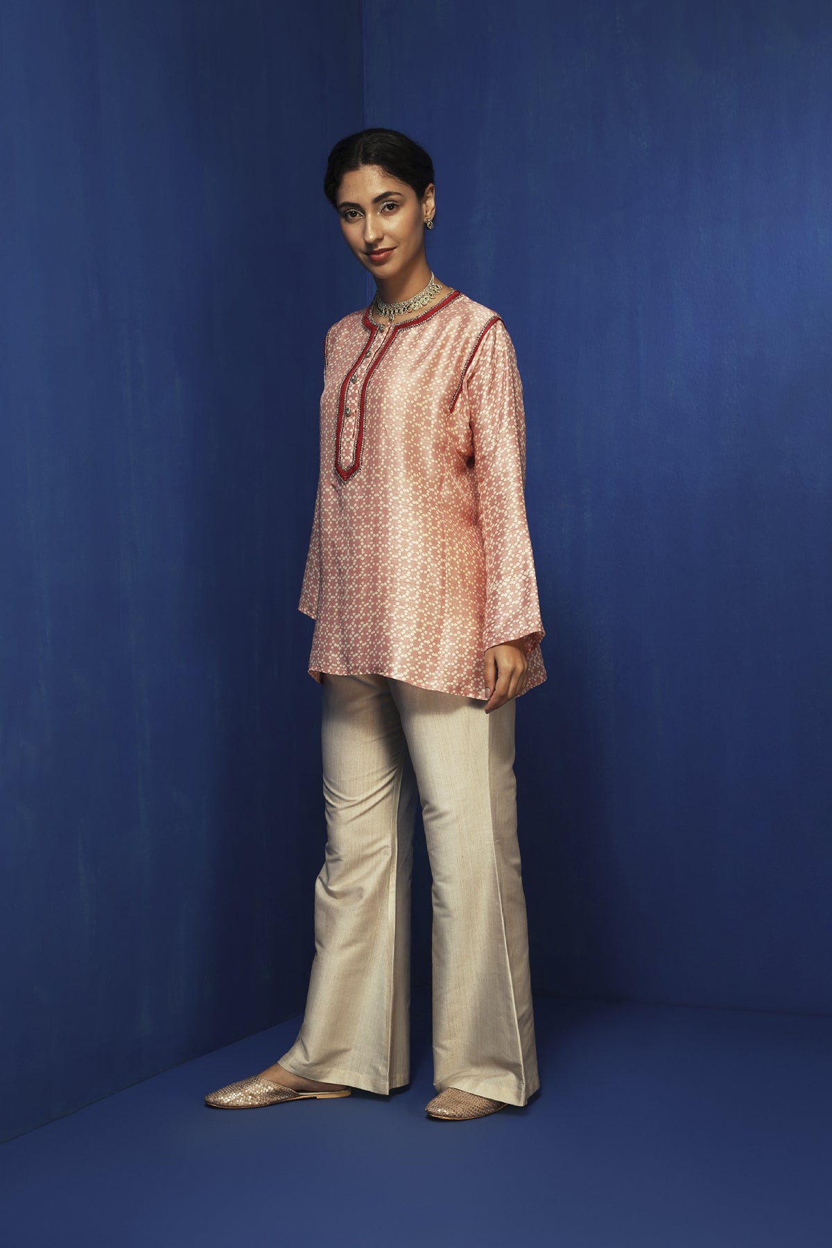 Pink Tussar Handblock Printed Kurta Set