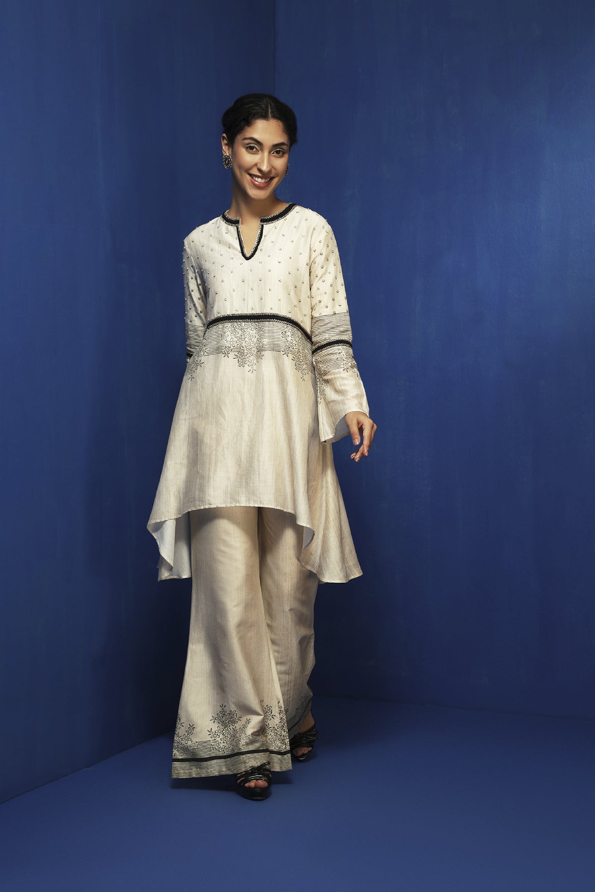 Ecru Cotton Viscose Handblock Printed & Zardosi Embellished Asymmetric Tunic