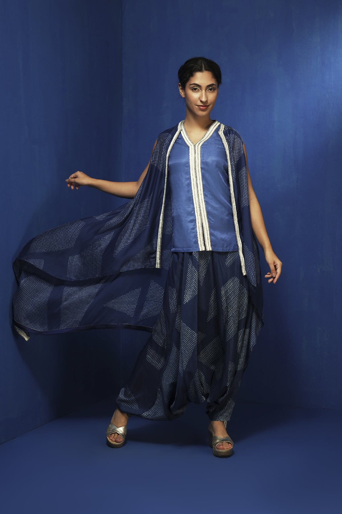 Indigo Chanderi Handblock Printed Asymmetric Cape Set