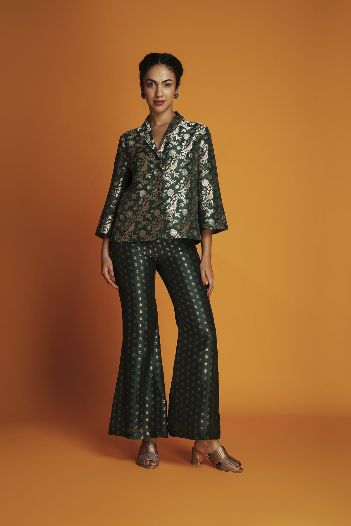 Emerald silk brocade swing jacket