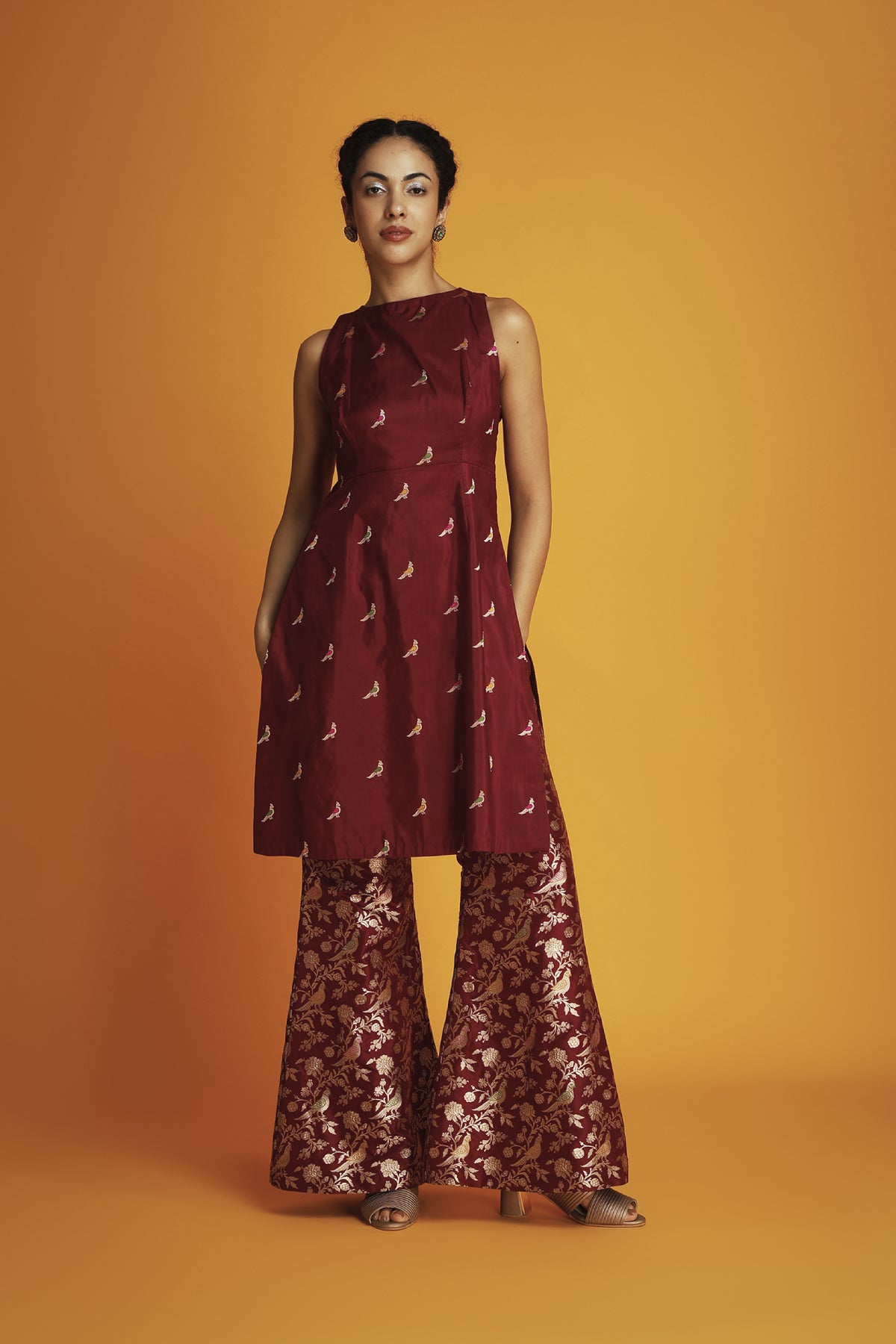 Maroon silk brocade sleeveless tunic