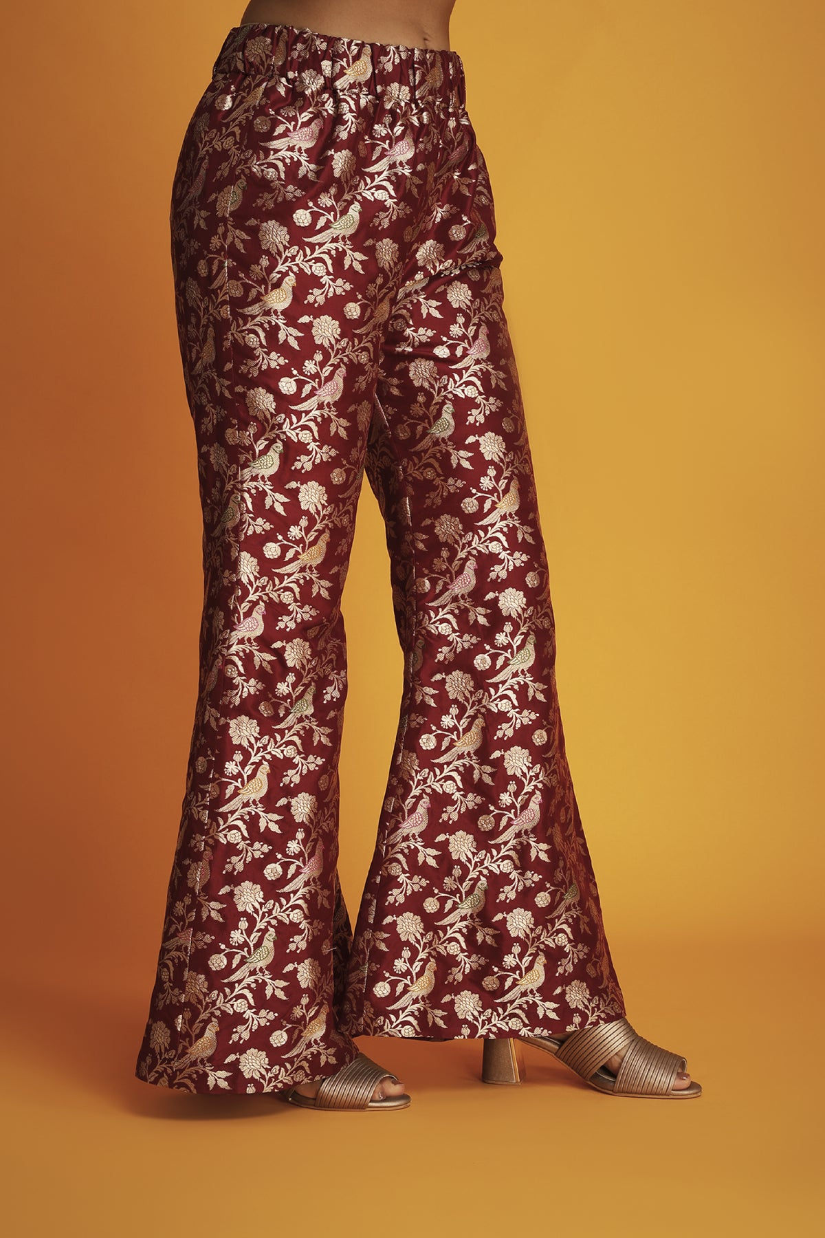 Maroon silk brocade bell bottom pants
