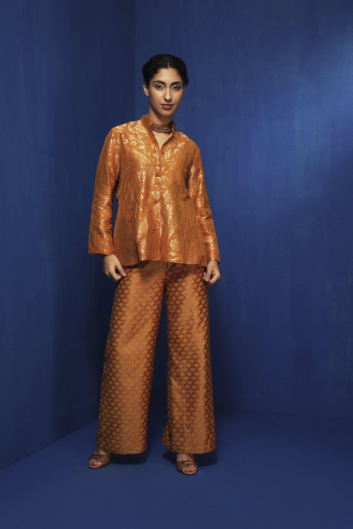 Mustard brocade silk swing jacket