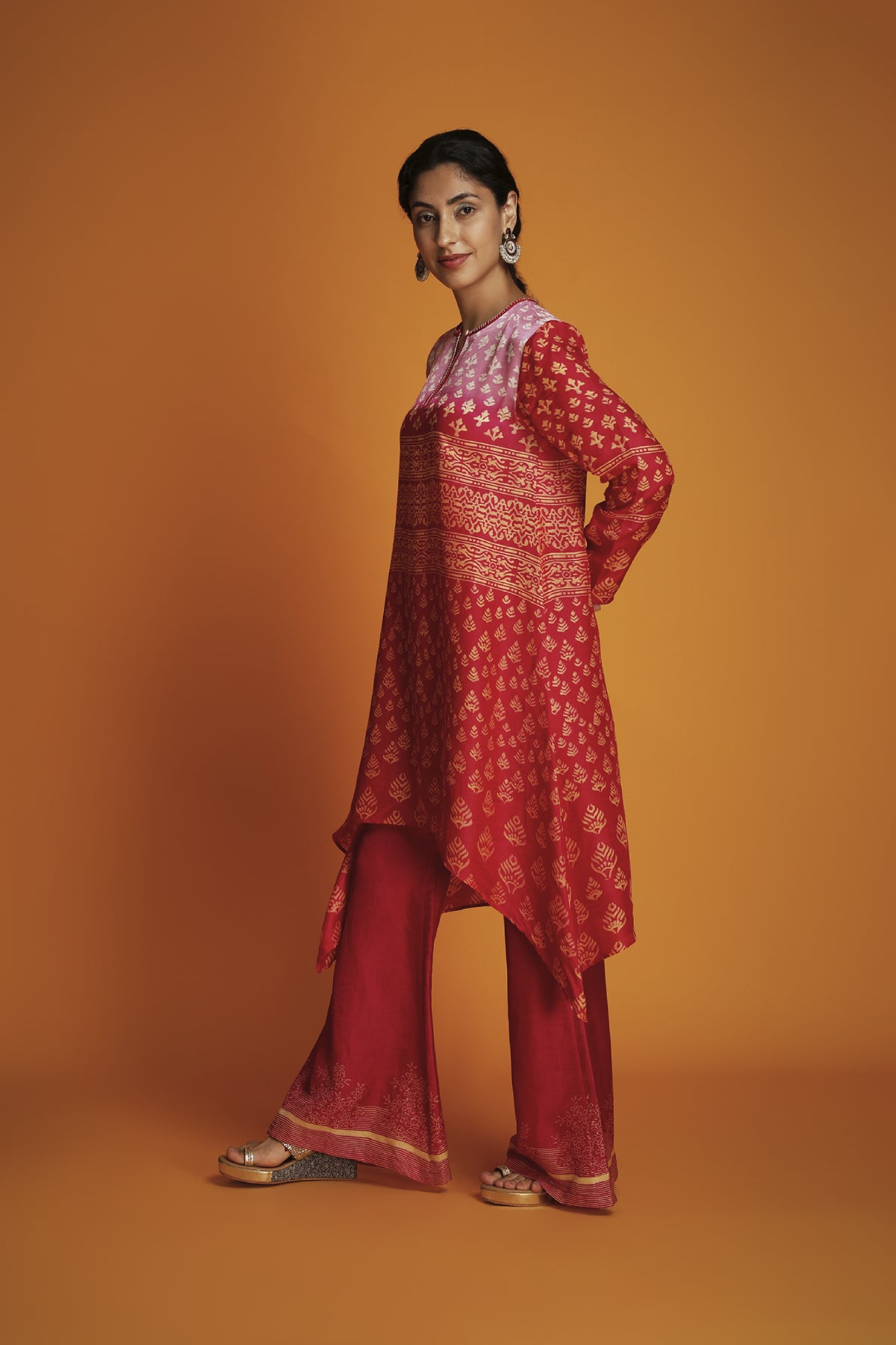 Pink & Red Chanderi Hand-Printed Ombre Tunic Set