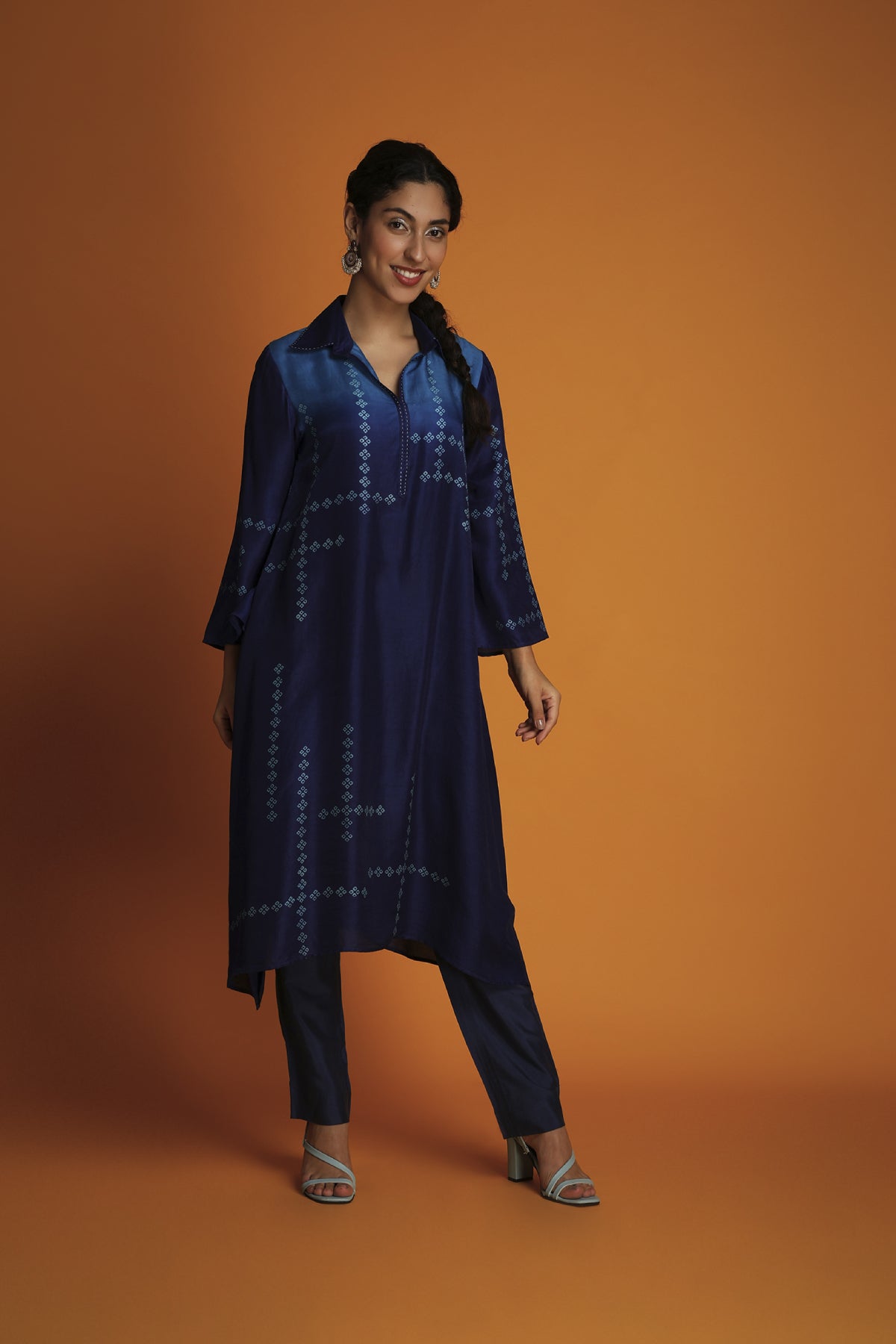 Indigo Chanderi Block-Printed Ombre Tunic Set