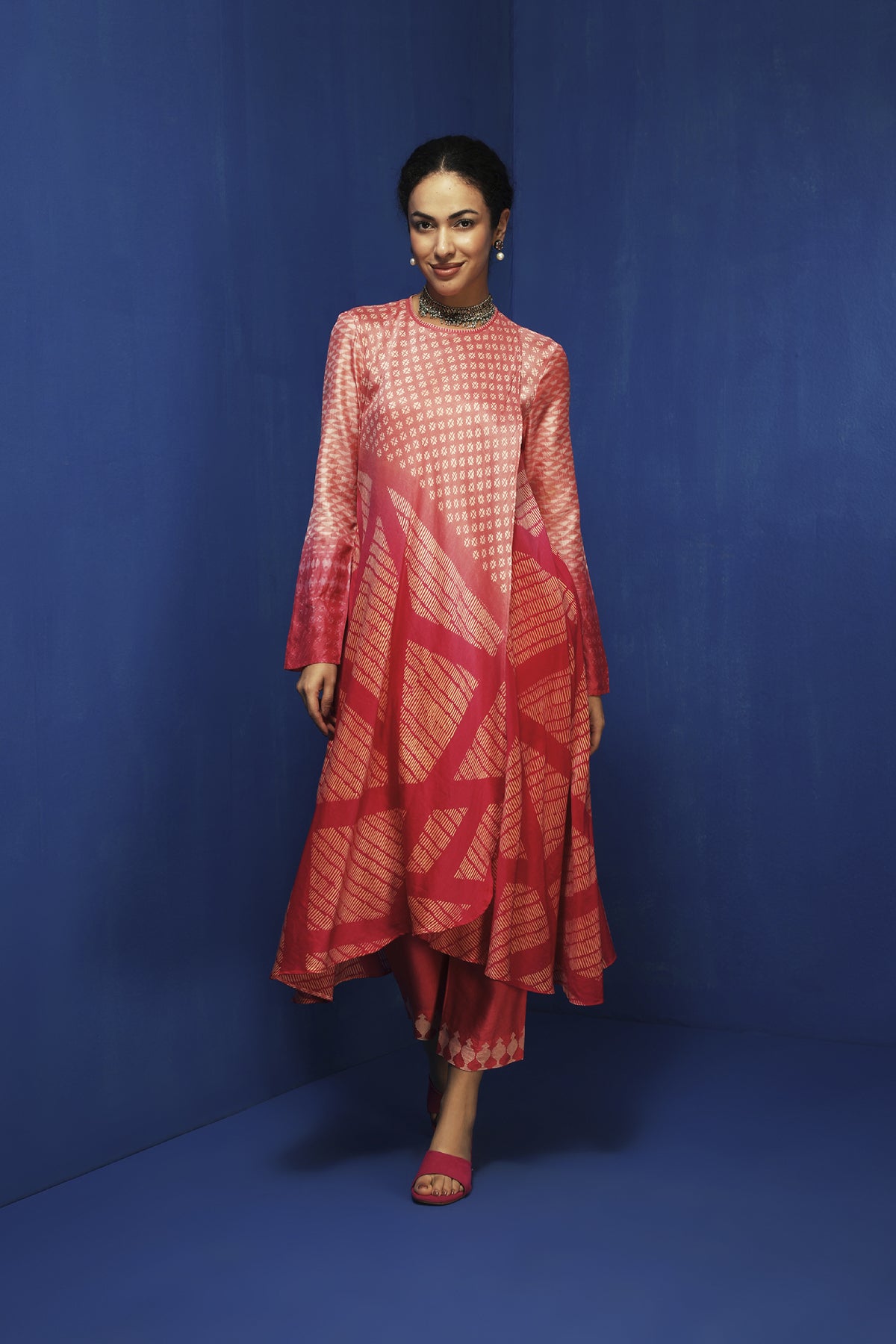 Pink ombre block printed overlapped style tunic set