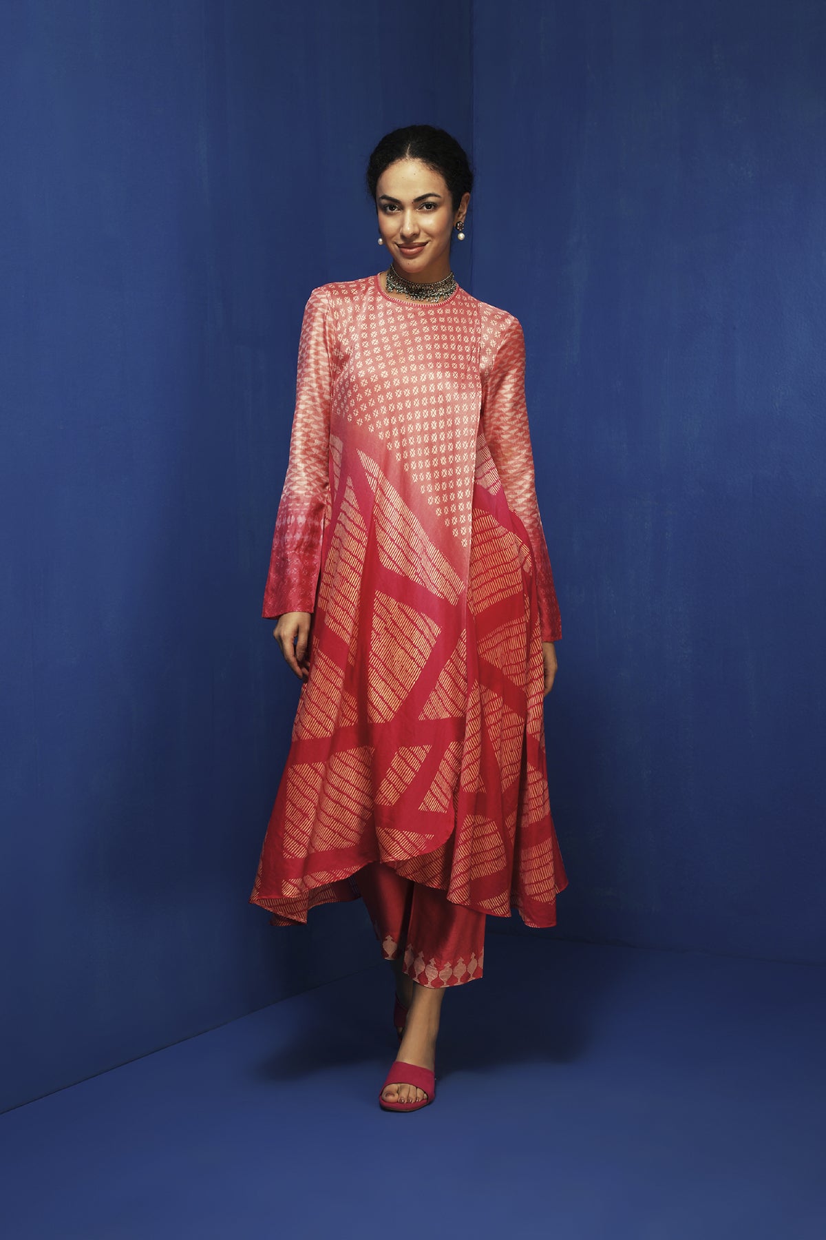 Pink Chanderi Block Printed Ombre Tunic Set