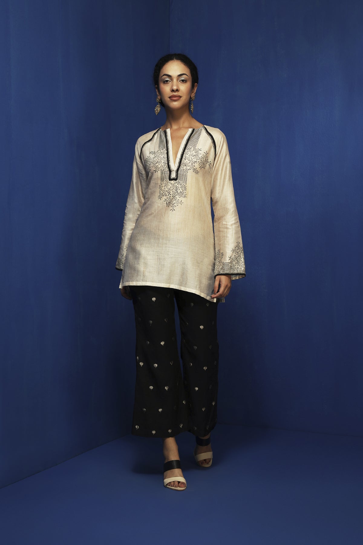 Ecru Cotton Viscose Handblock Printed & Zardosi Embellished Tunic