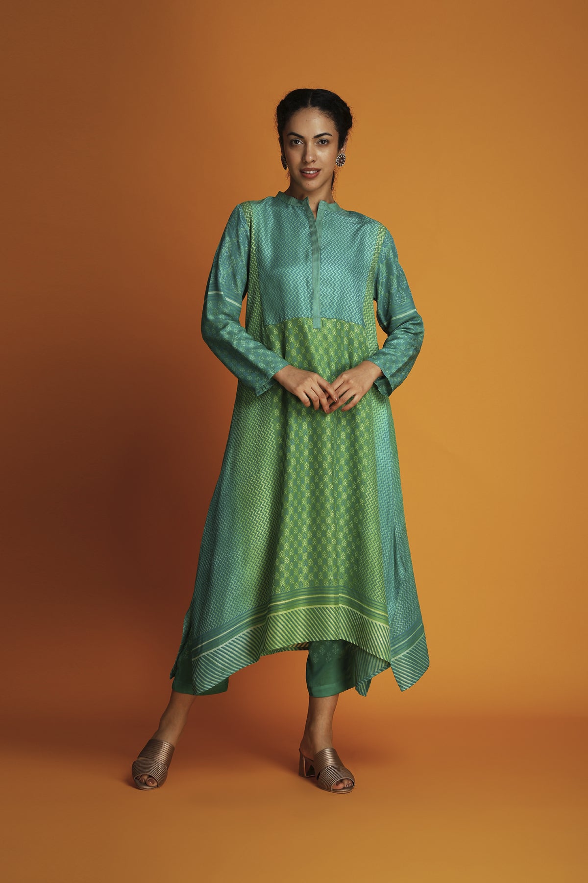 Green Ombre Modal Hand-Block Printed Asymmetric Tunic Set